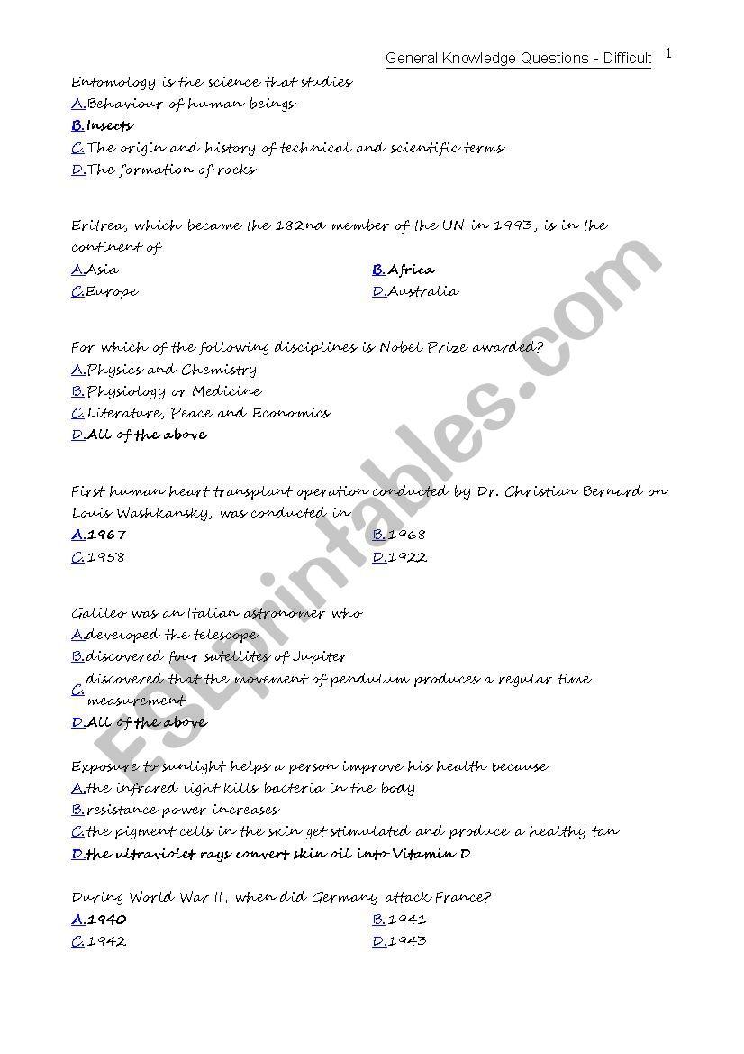General Knowledge Questions worksheet