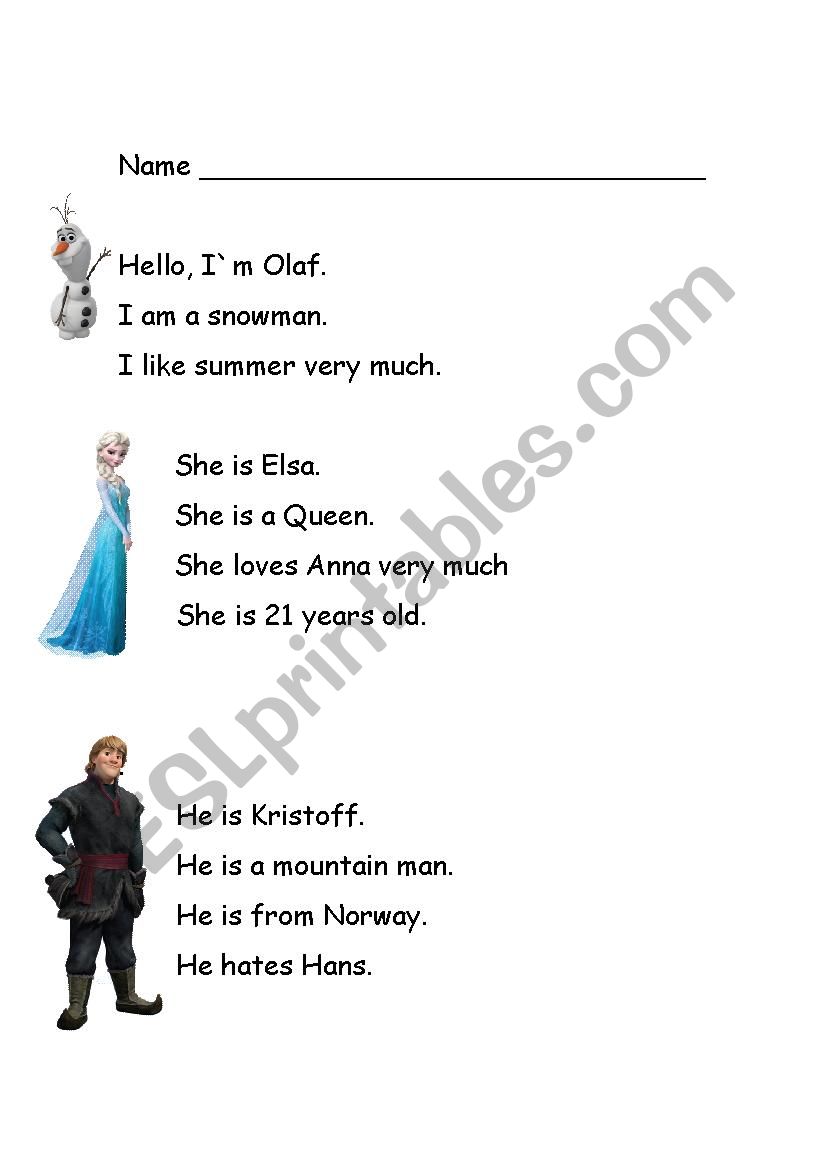 Frozen Character profiles worksheet