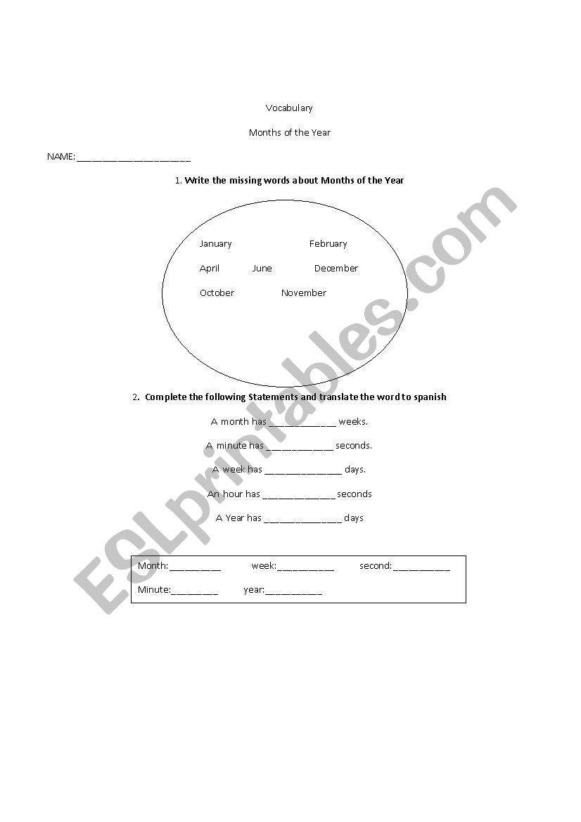 Months worksheet