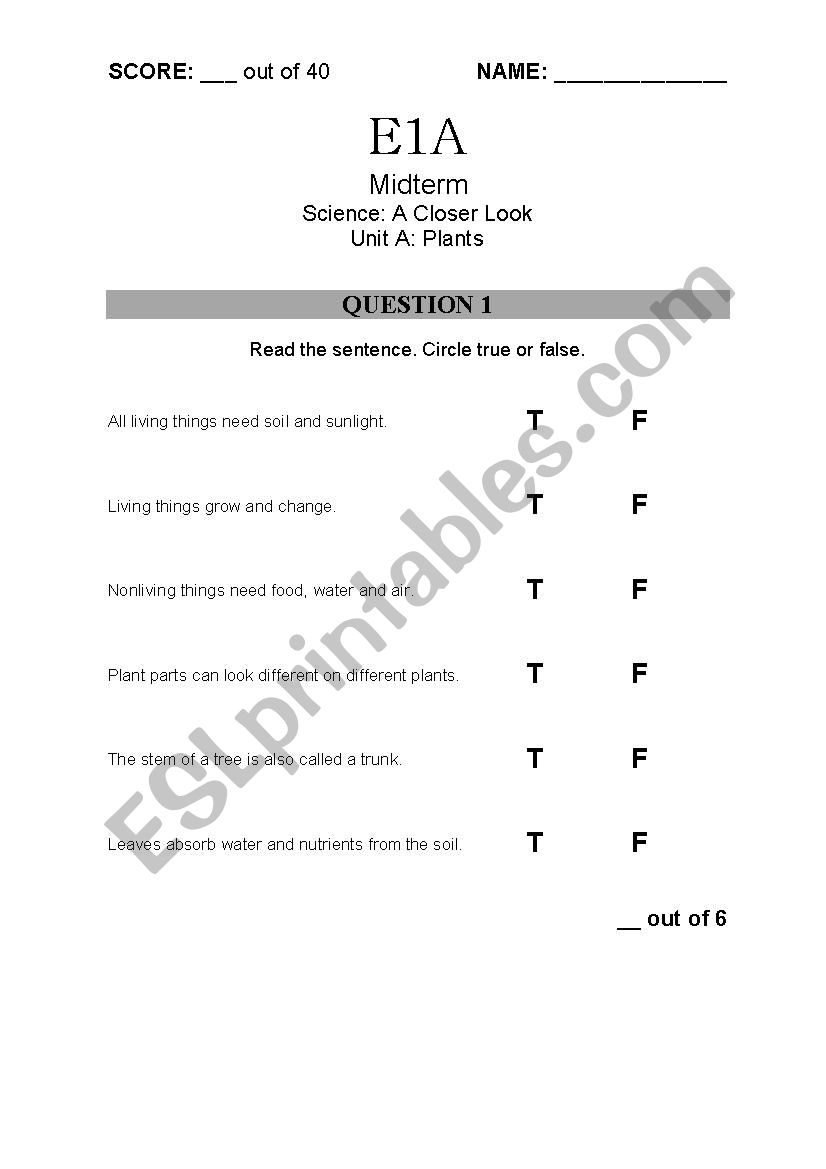 Midterm Exam for Science A Closer Look Unit A Plants