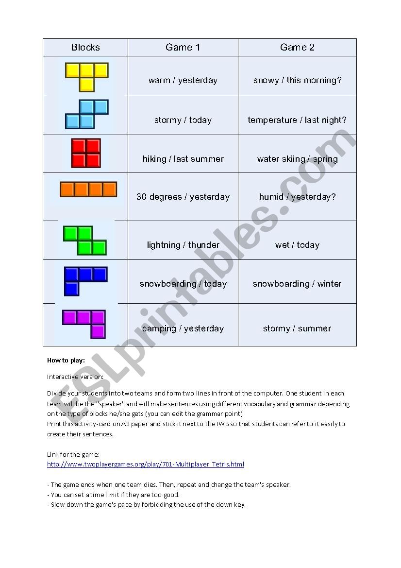 ESL Game of Tetris (GOT) Interactive and Board Game versions