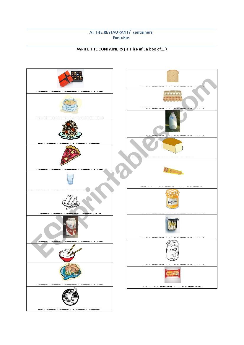 Containesr and quantities worksheet