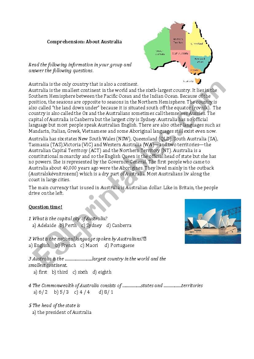 Comprehension about Australia worksheet