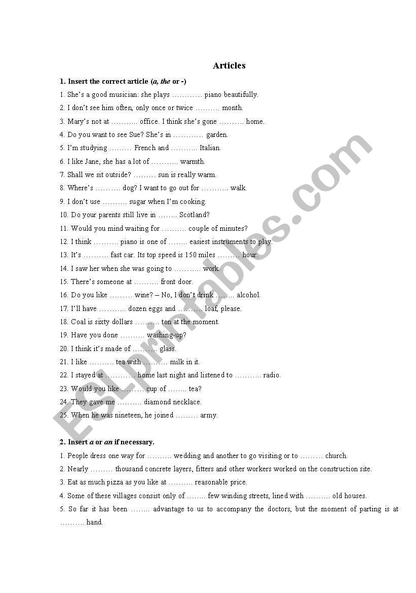 Articles worksheet