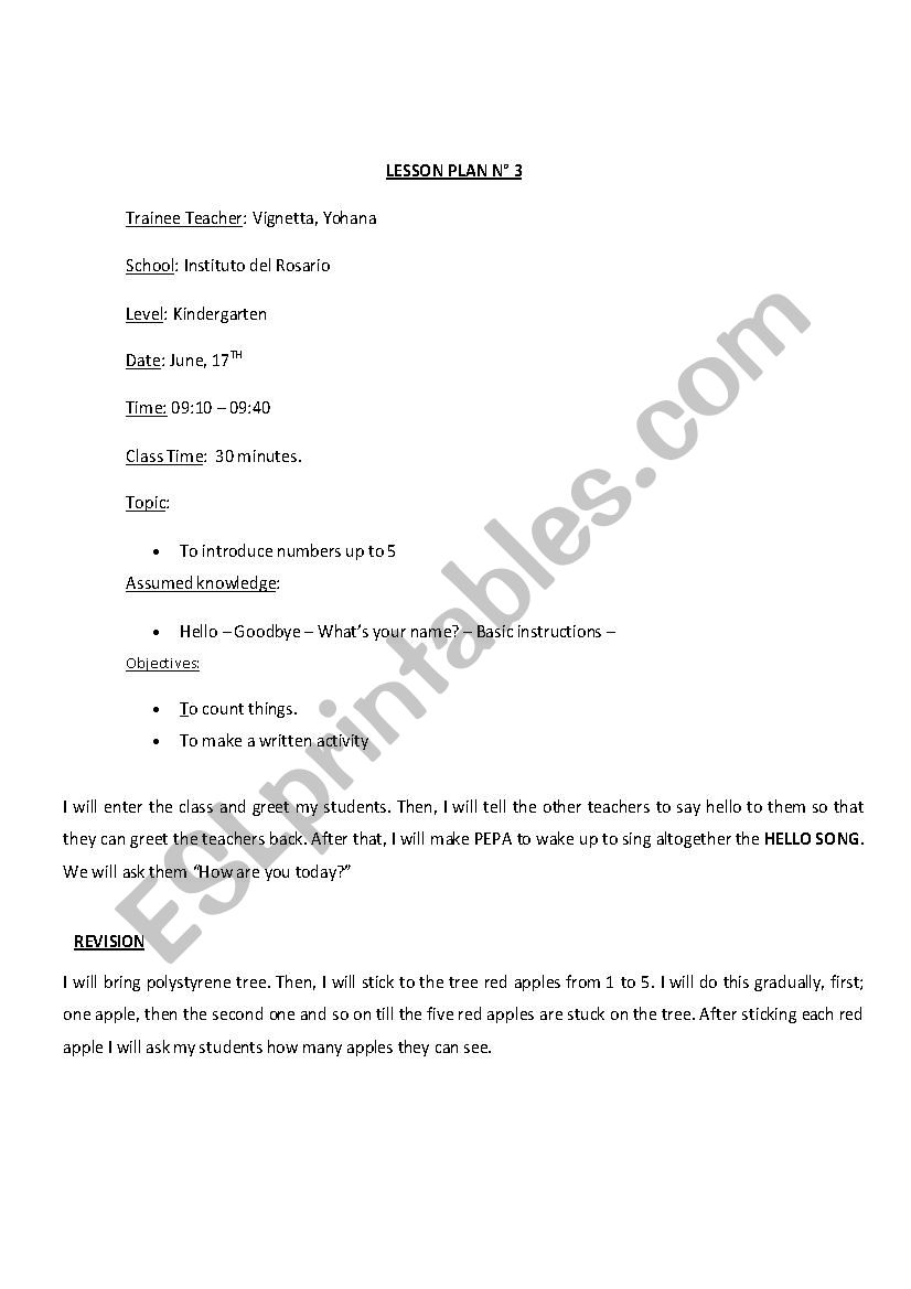 Lesson Plan 3 - kindergarten worksheet