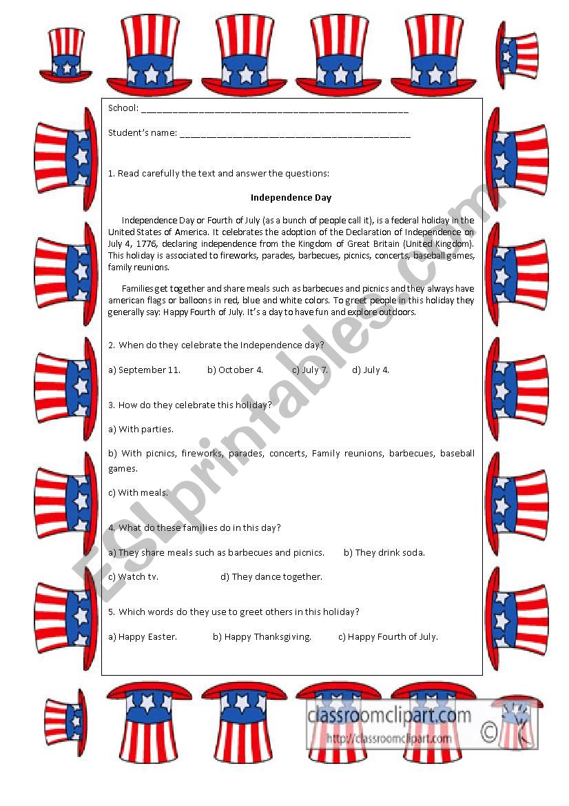 Independence Day worksheet