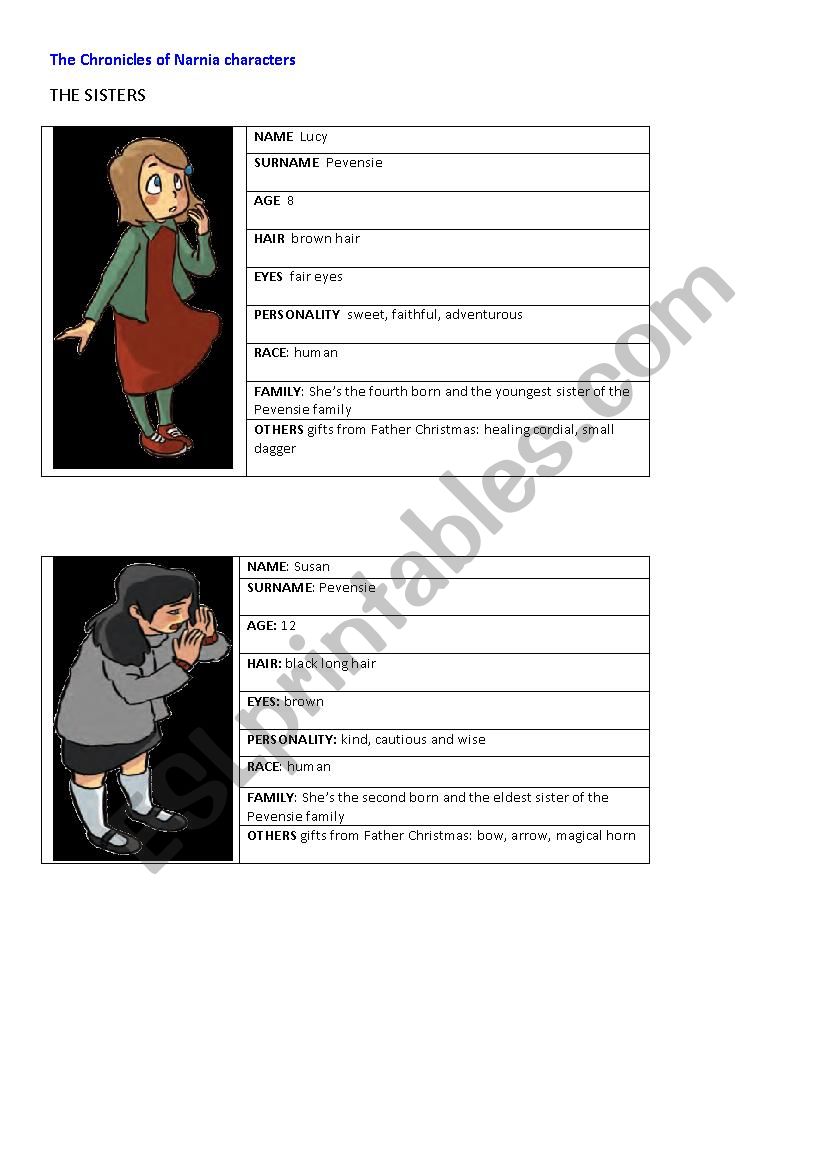 The Pevensie - Narnia cards worksheet