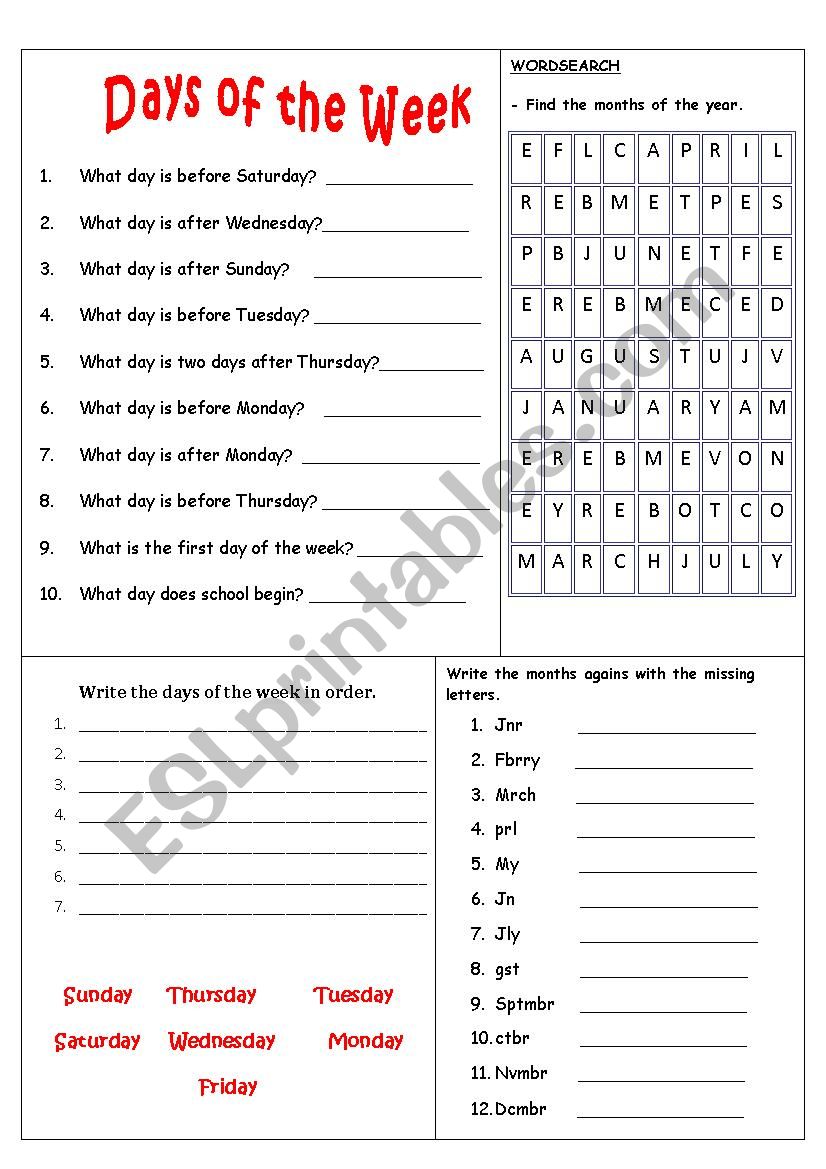 Months and Weekdays worksheet