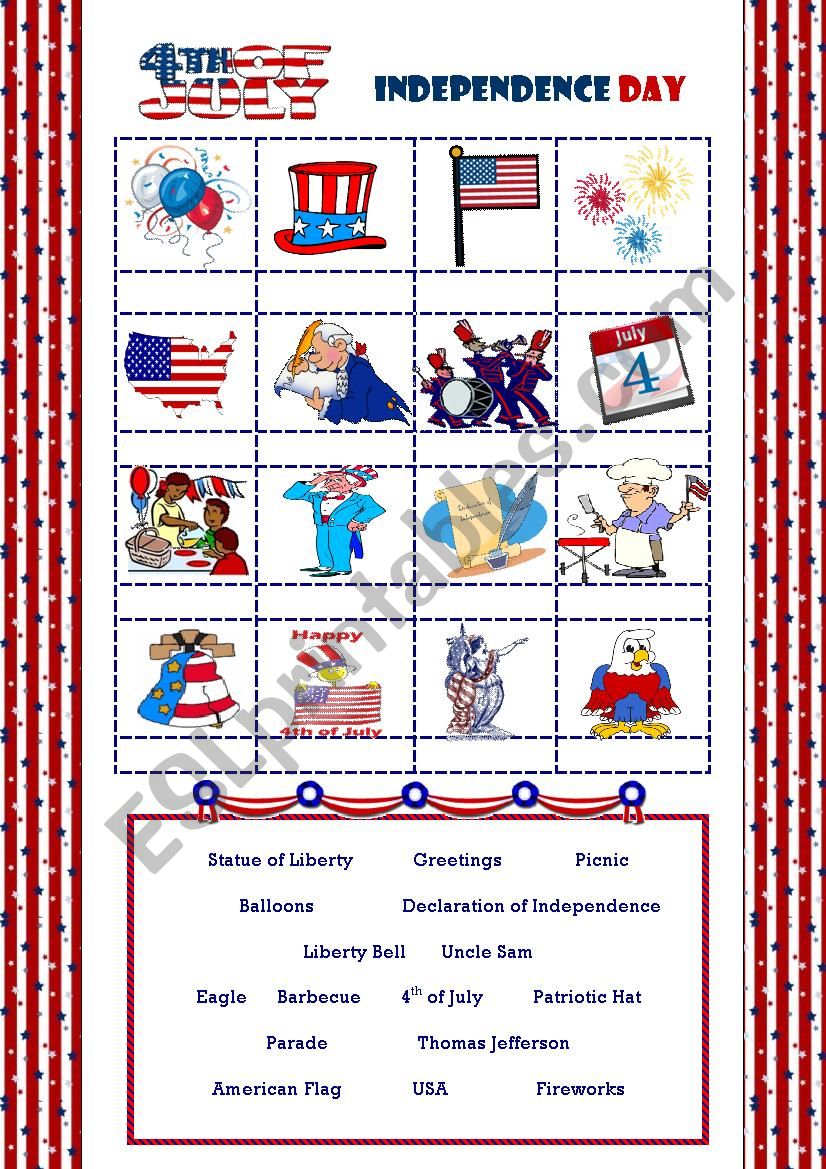 Independence Day - pictionary worksheet