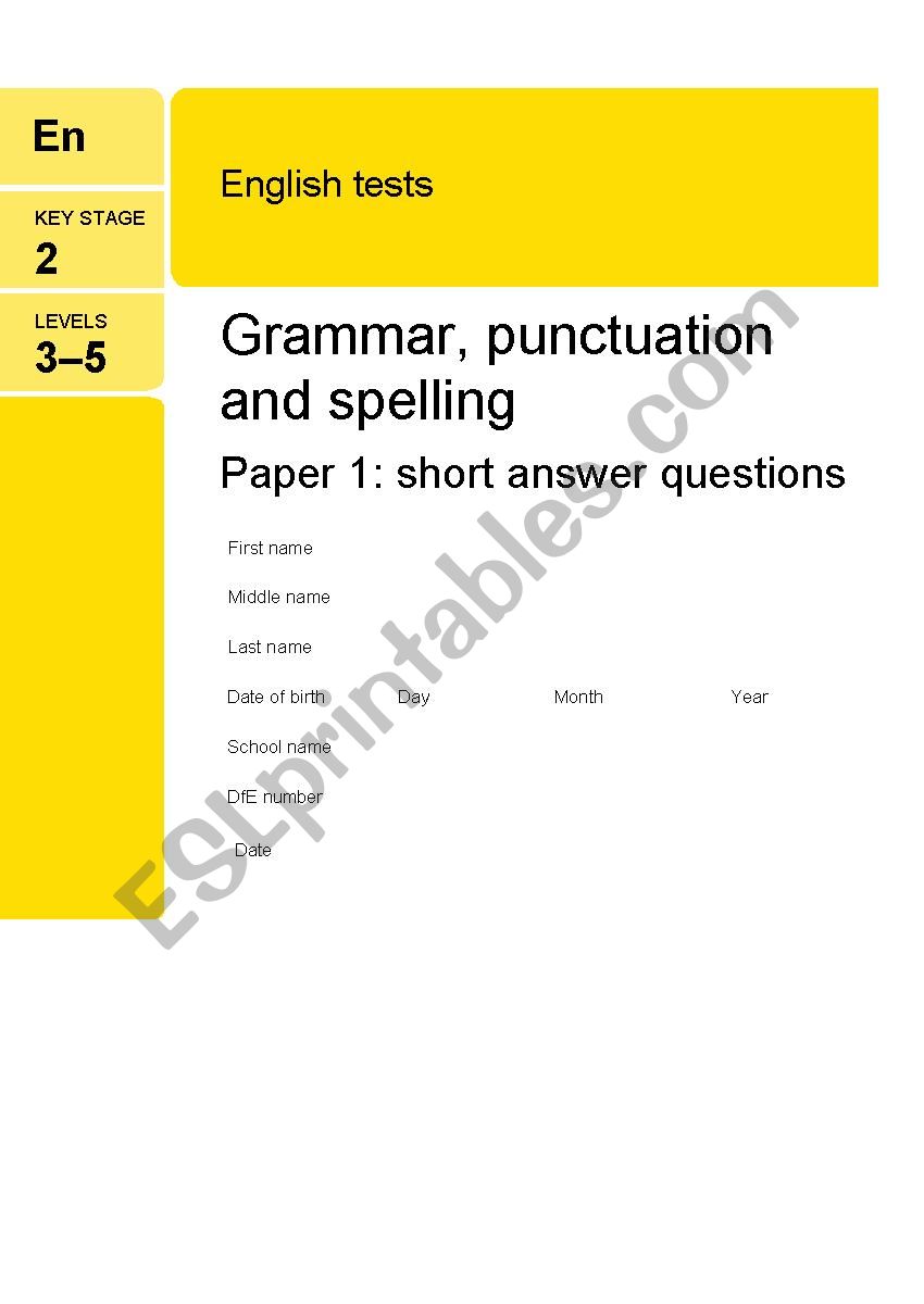 Short SPAG test worksheet