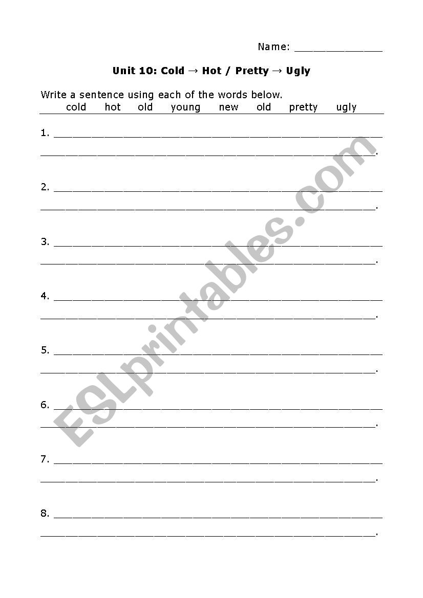 Grammar Cue 1, Unit 10 Hot/Cold Pretty/Ugly Adjectives Writing Worksheet