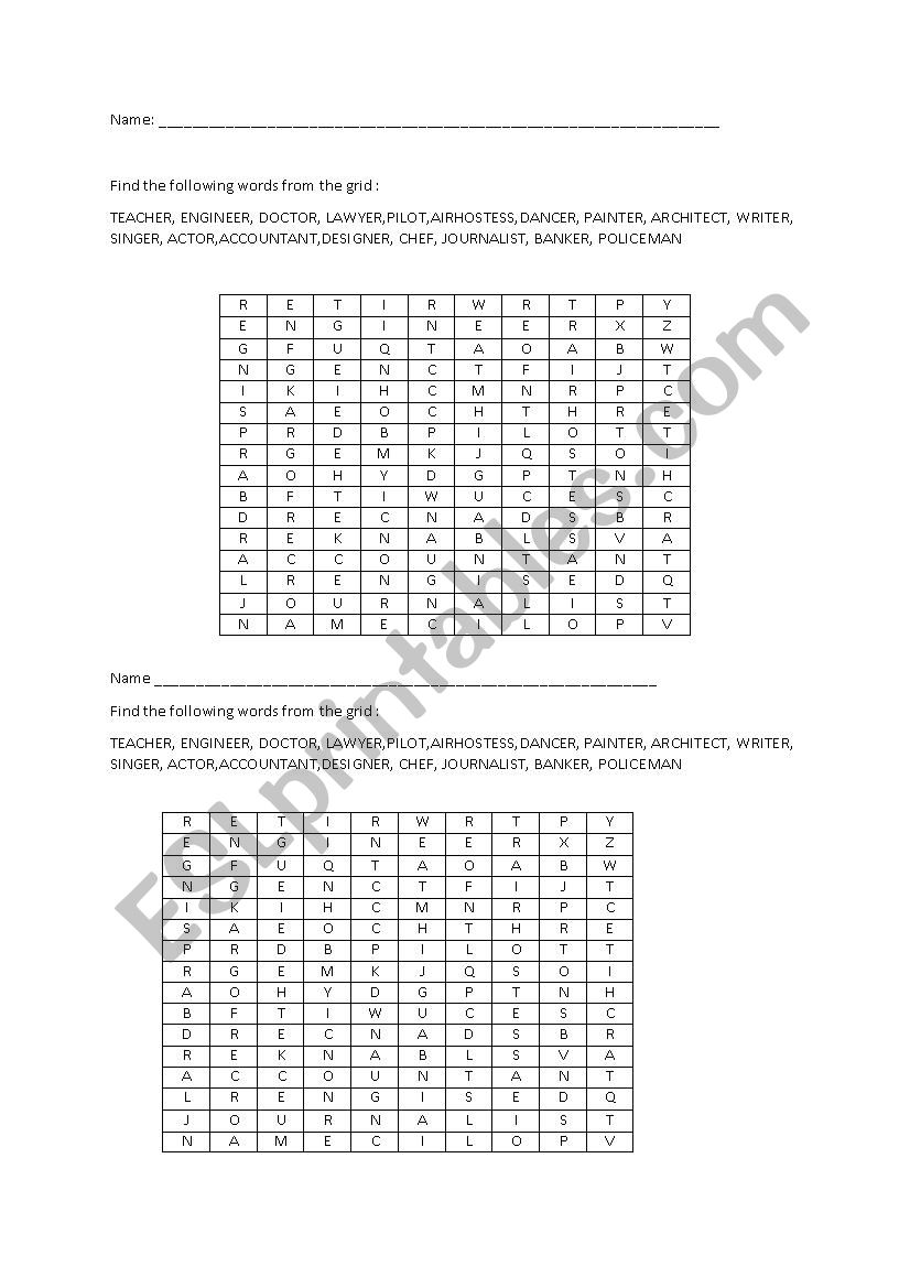 Word find with career options worksheet