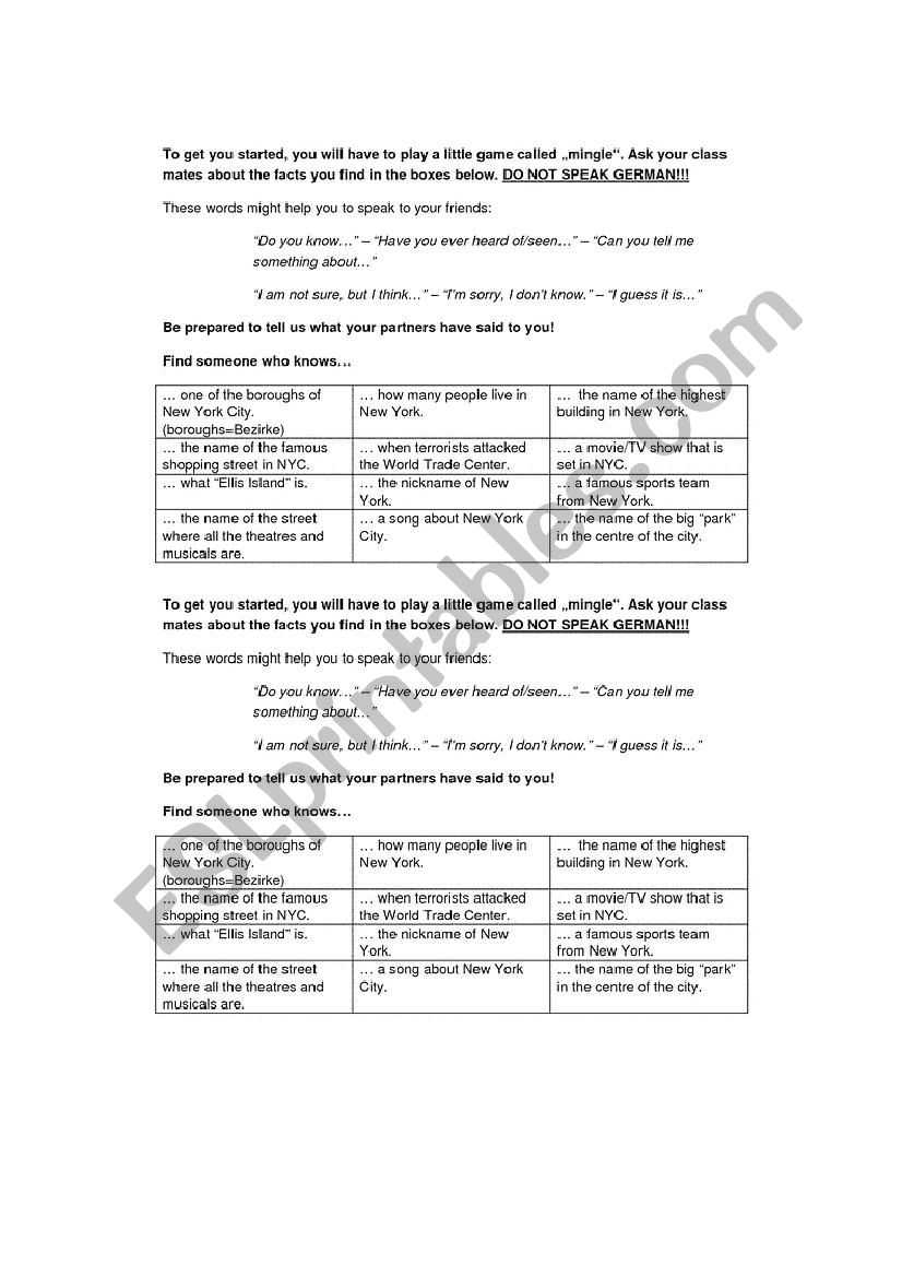 Find someone who - NYC worksheet