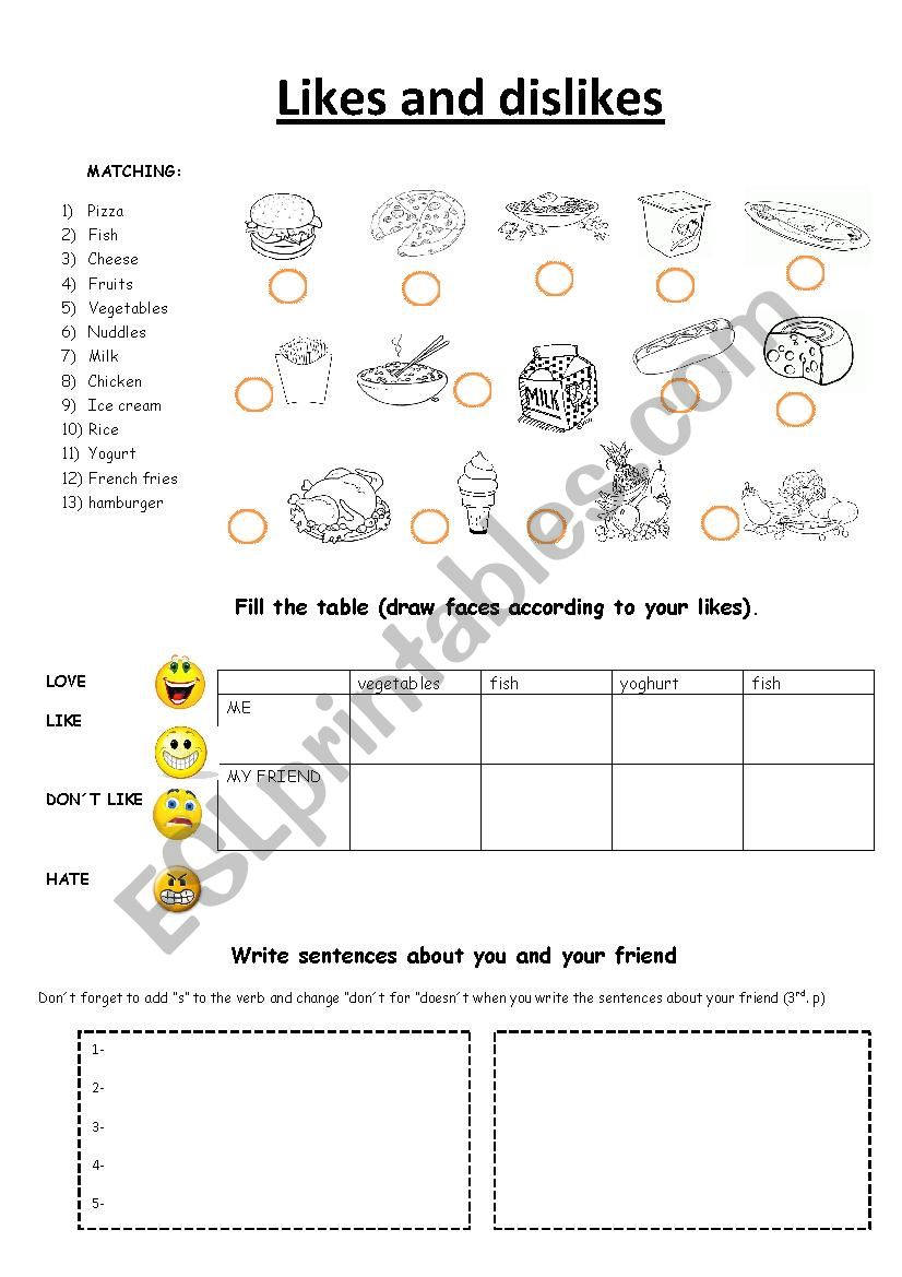 likes and dislikes worksheet