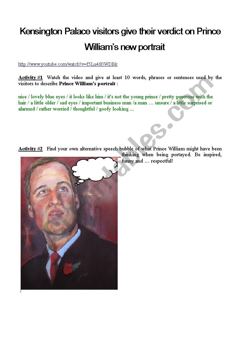 Prince Williams new portrait worksheet