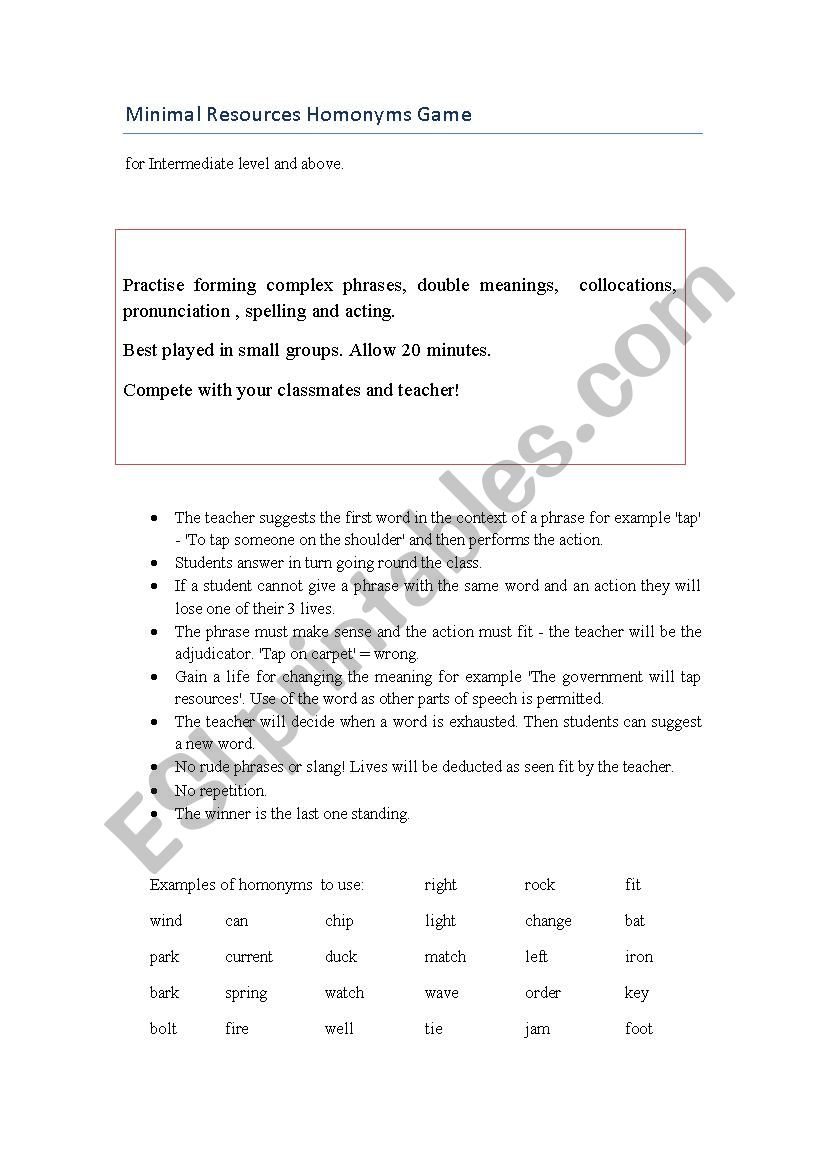 Minimal Resources Homonyms Game