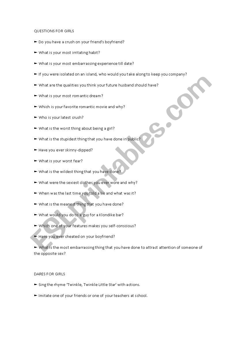 Truth or Dare Questions worksheet