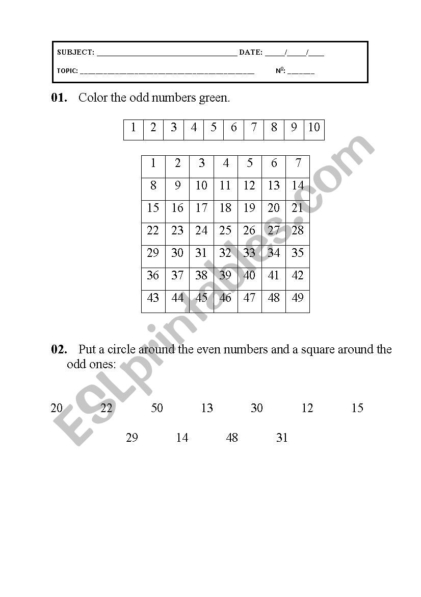 Odd and even numbers worksheet
