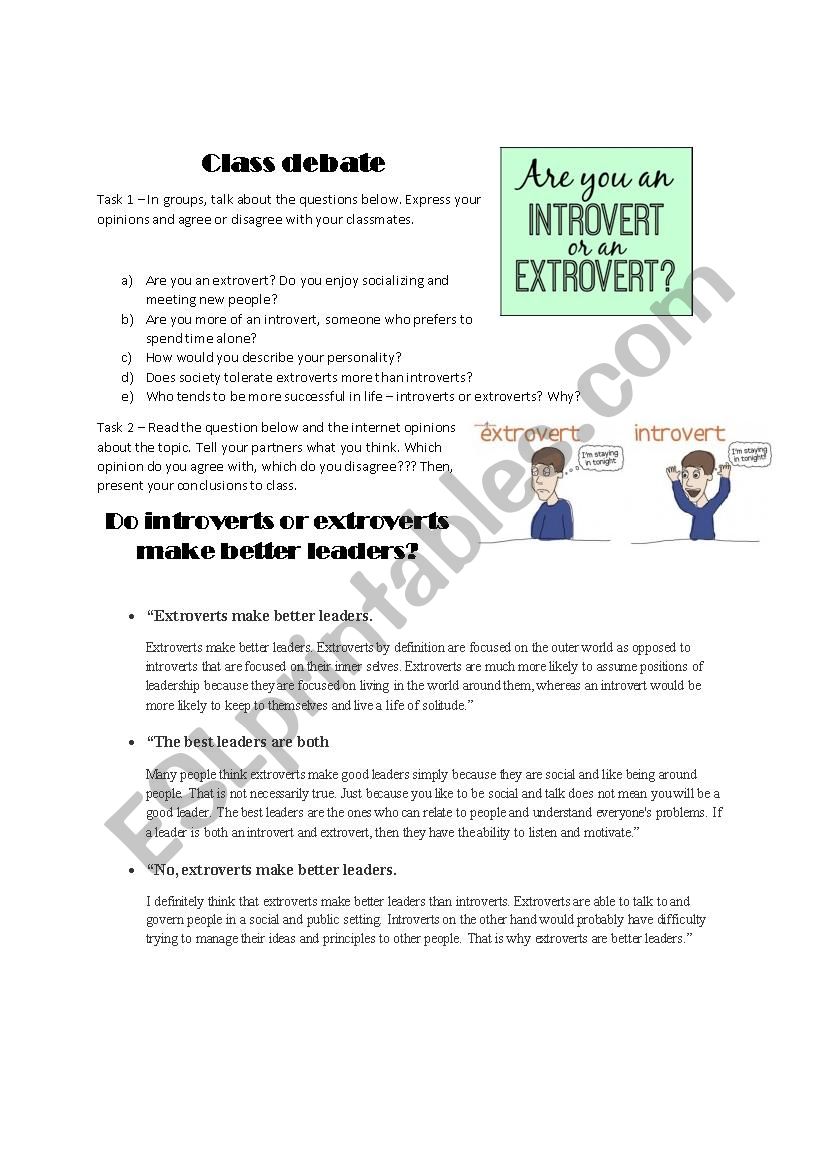 Introvert or extrovert worksheet