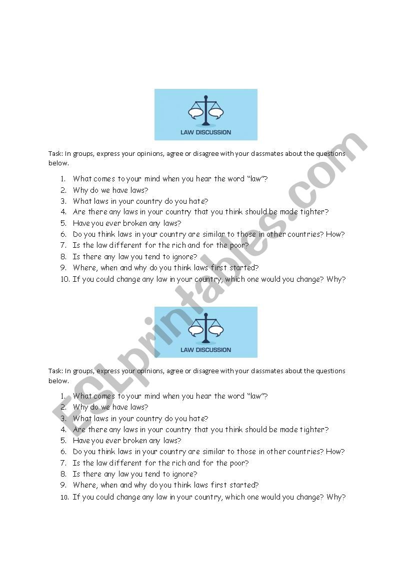 Discussion law worksheet