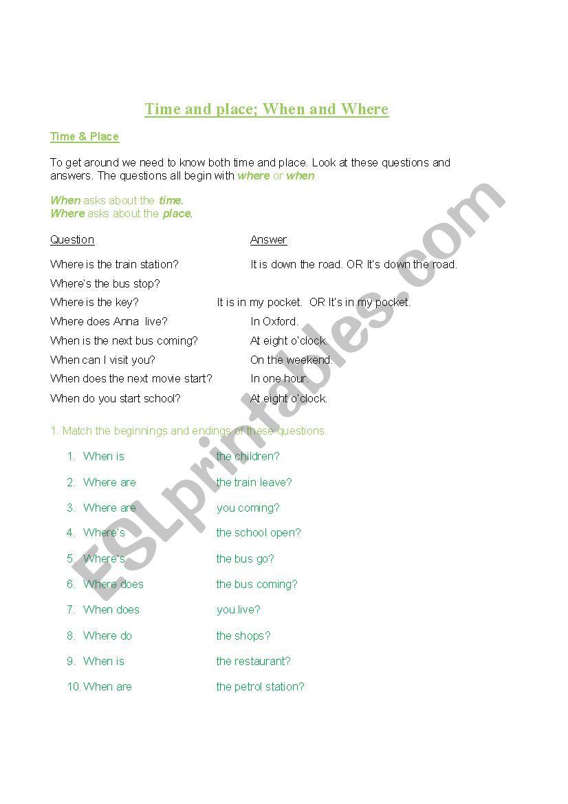 Time and place worksheet