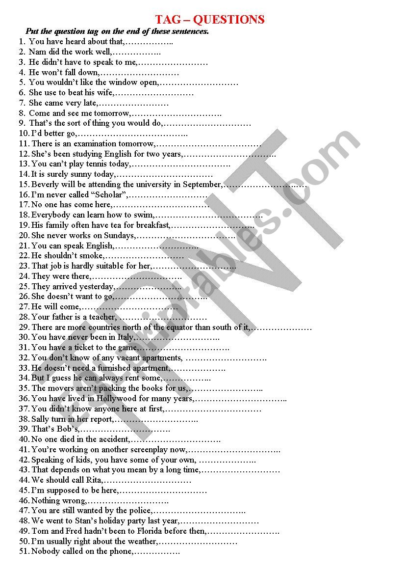 Tag Questions Exercise worksheet