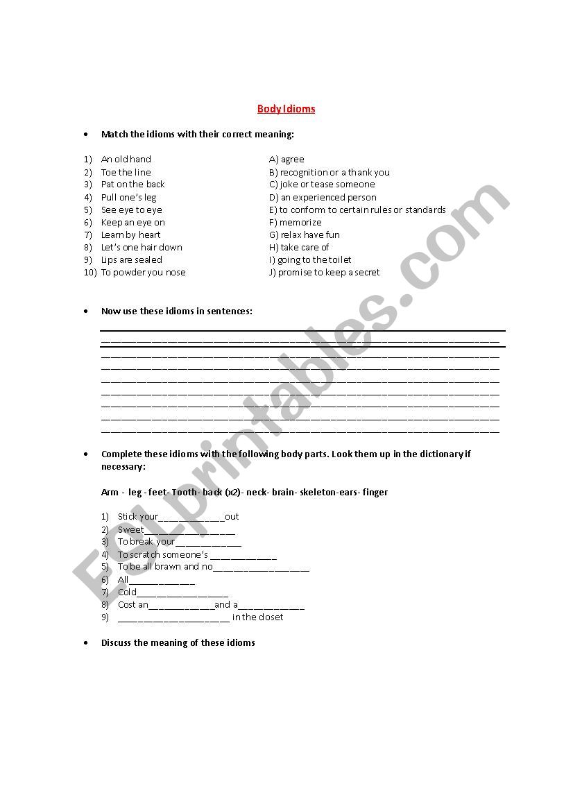 Body Idioms worksheet