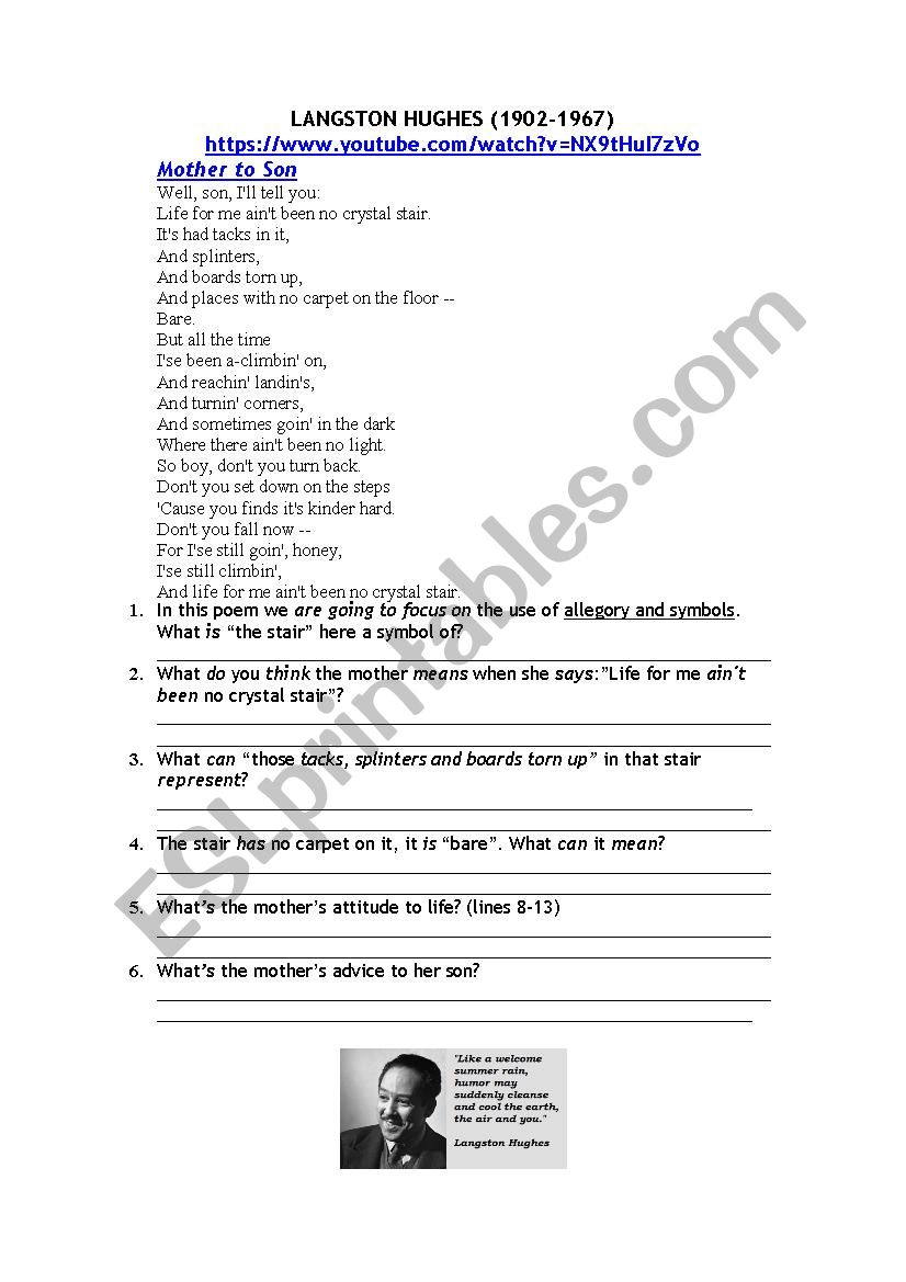 LANGSTON HUGHES POEM MOTHER TO SON Questions with key