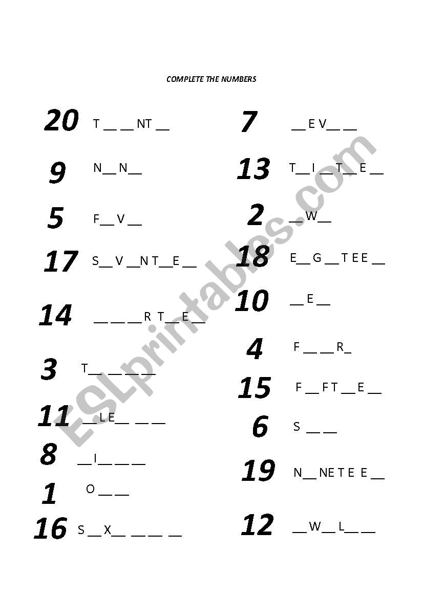 Numbers from 1 to 20 worksheet