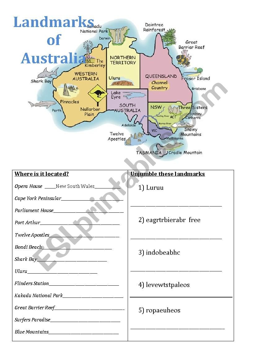 Landmarks of Australia worksheet