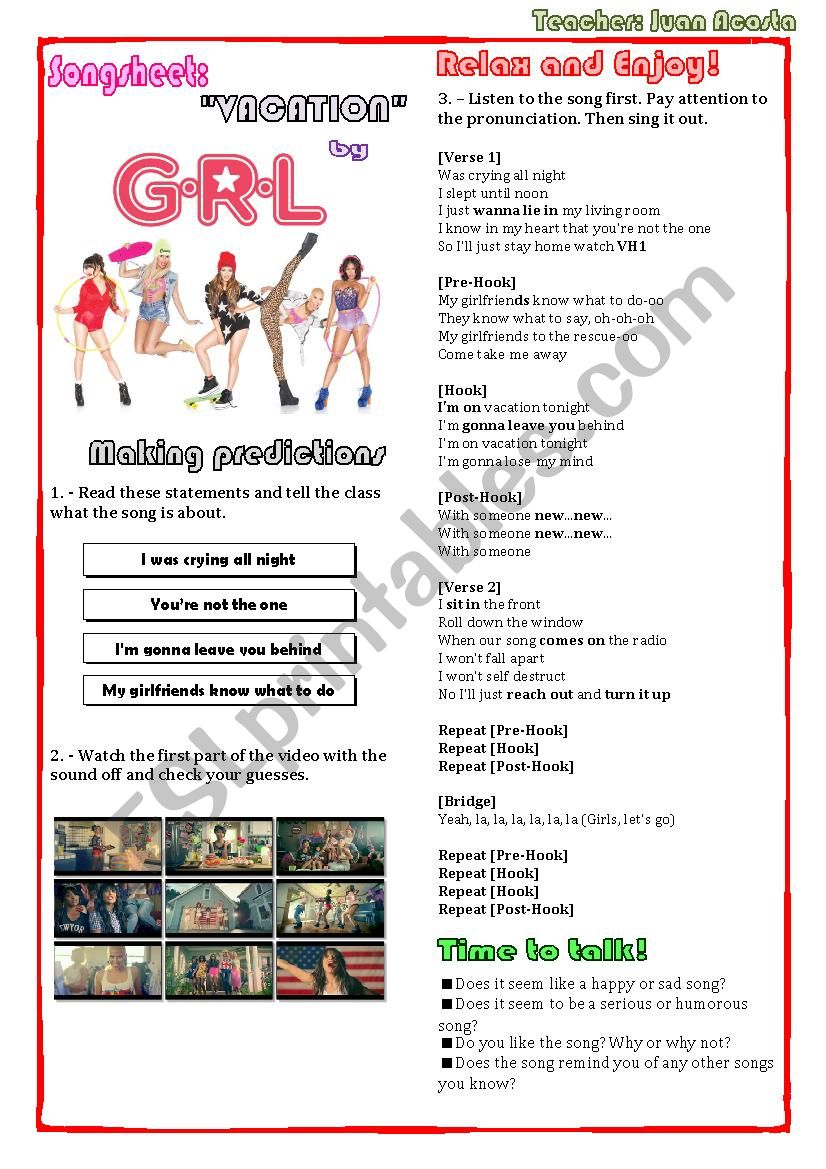 SONGSHEET: VACATION BY GRL worksheet