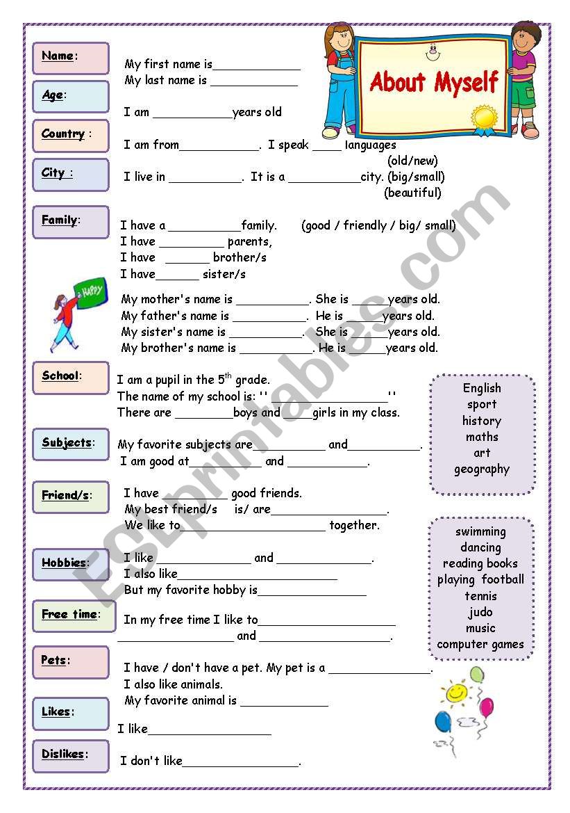 About myself worksheet