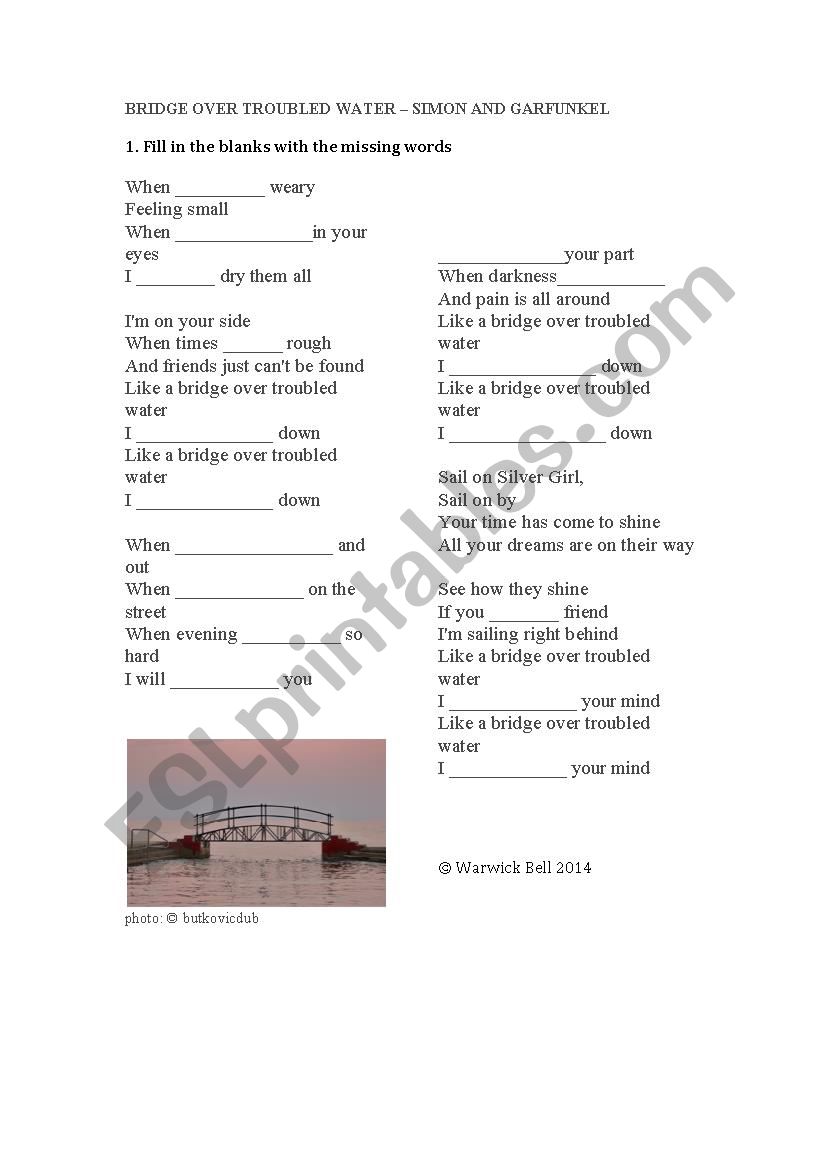 Bridge Over Troubled Water - song worksheet (simple gap-fill)