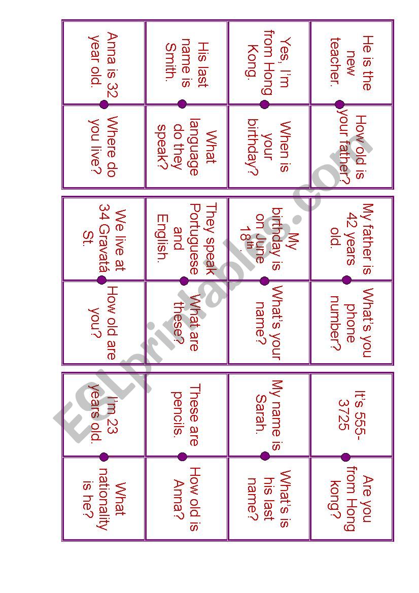 Question and Answer Domino worksheet