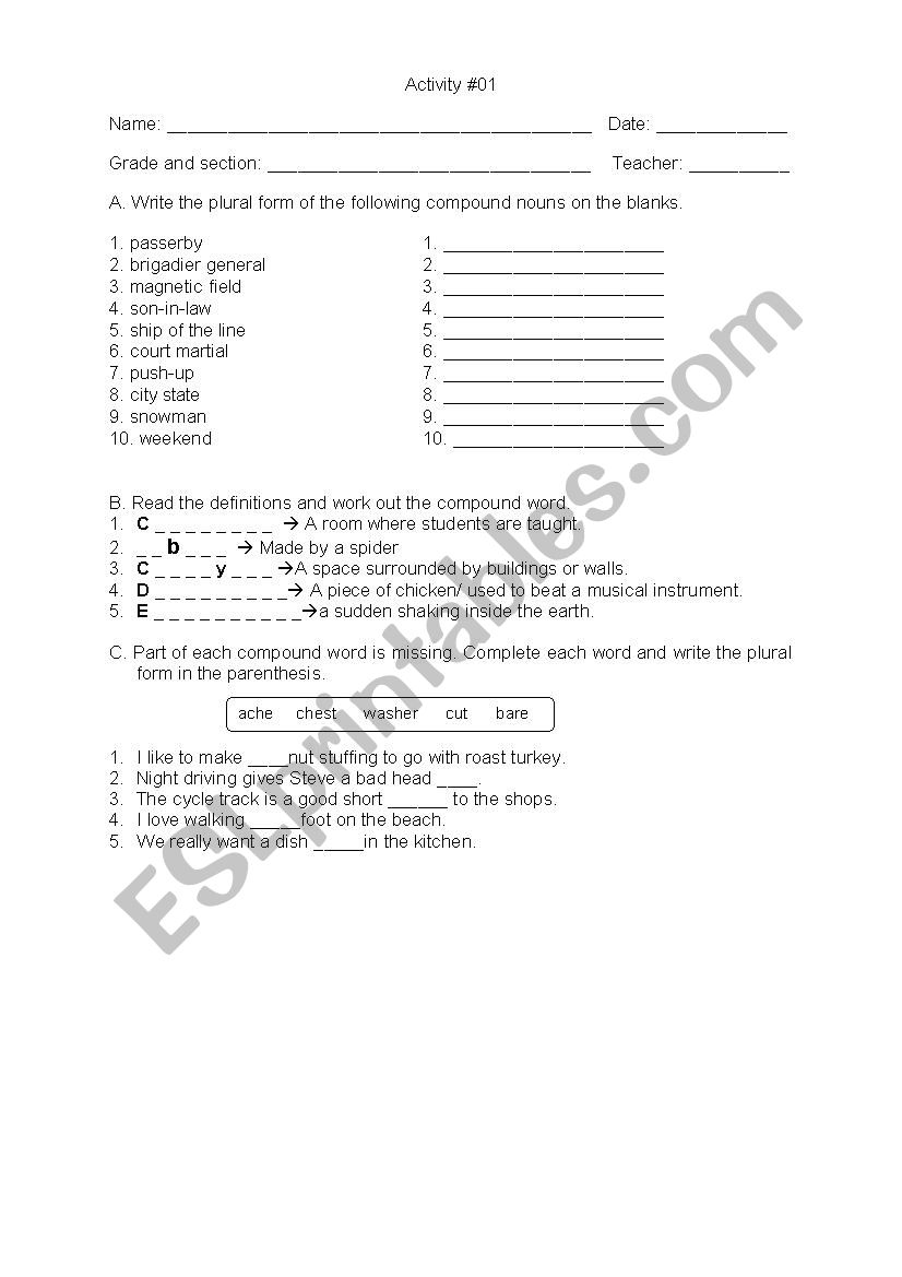 Worksheets for Compound Nouns worksheet