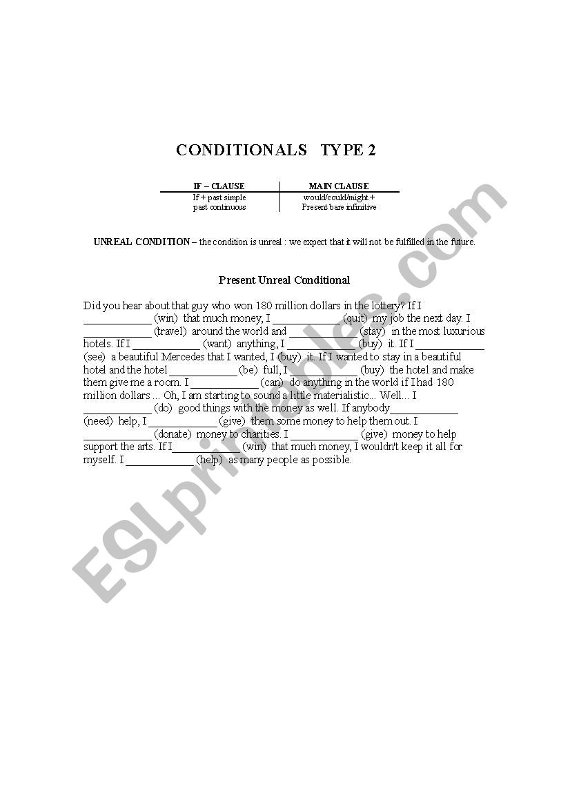 CONDITIONALS   TYPE 2 worksheet