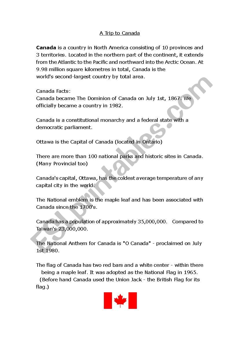 A Trip to Canada worksheet