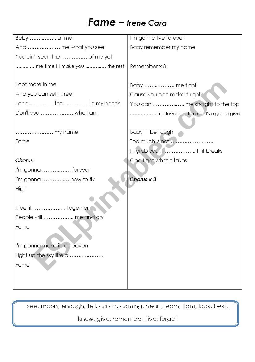 Fame-lyrics worksheet worksheet