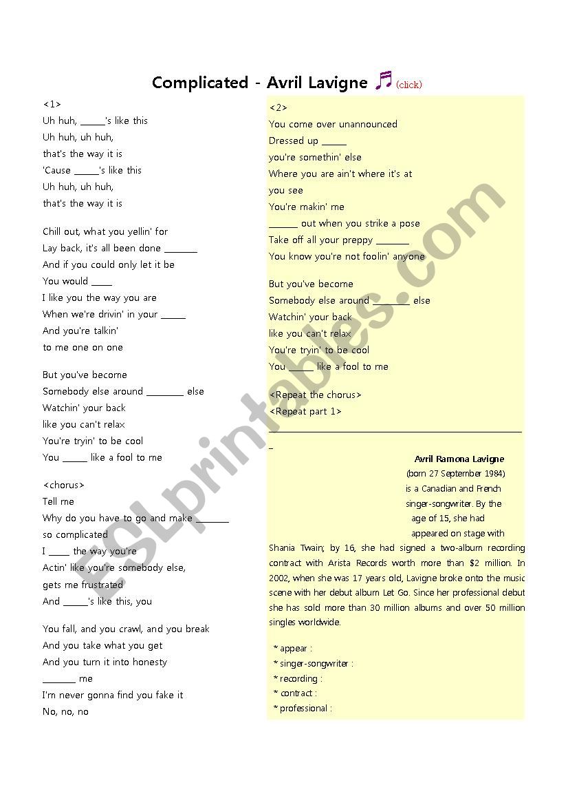 Complicated - Avril Lavigne worksheet