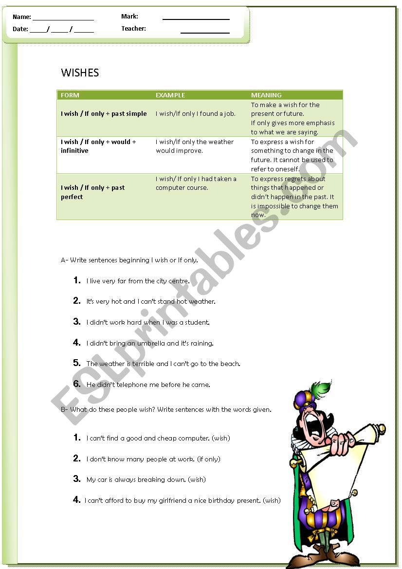 Wish and Ifonly worksheet
