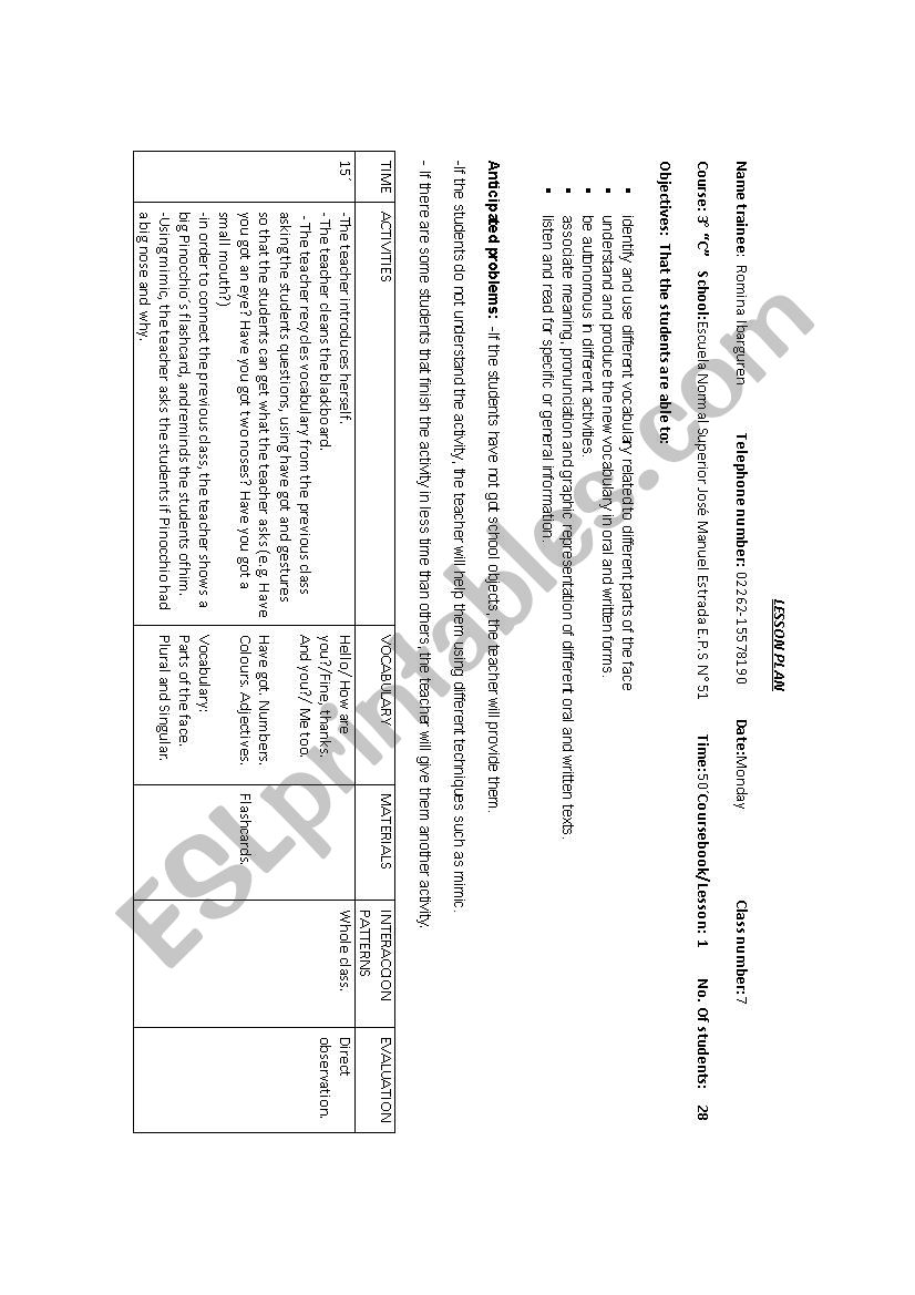 Parts of the face worksheet