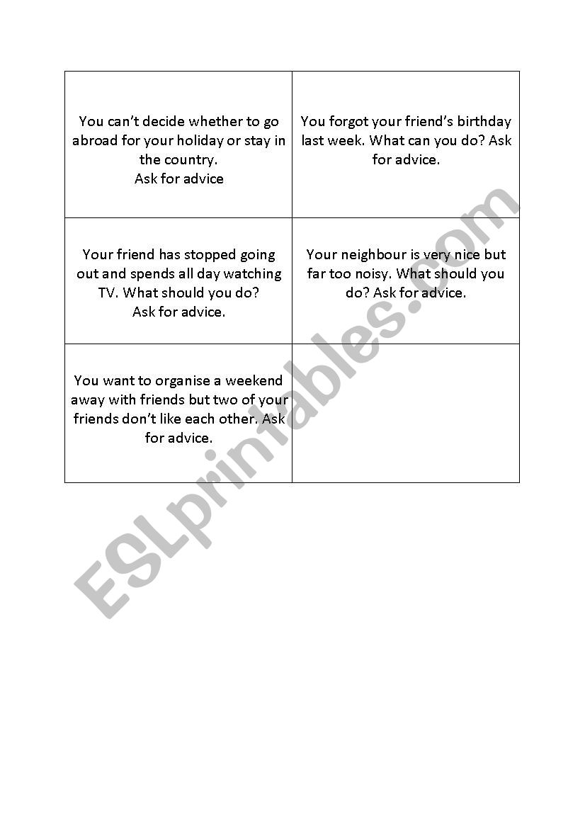 Advice Cards - Warmer worksheet