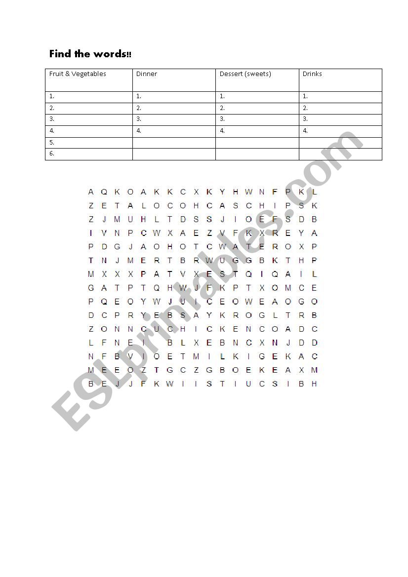 Find the words - food word search 