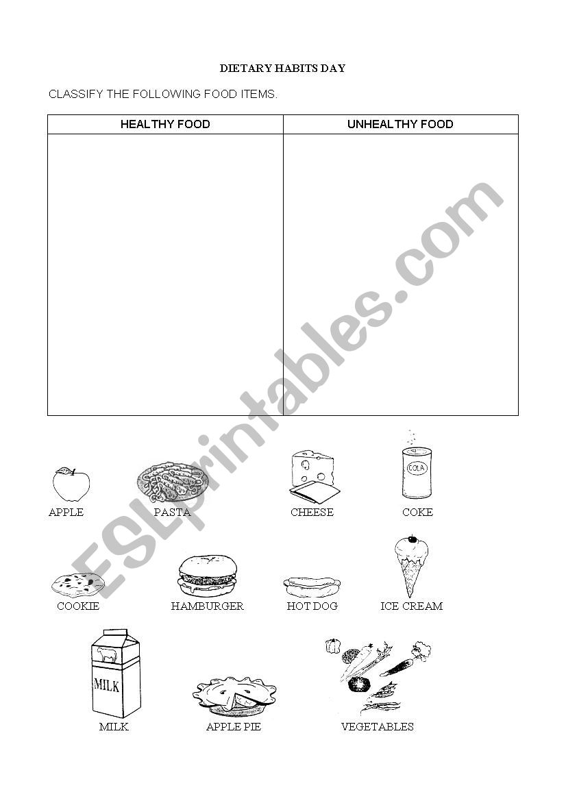 Healthy vs Unhealthy Food worksheet