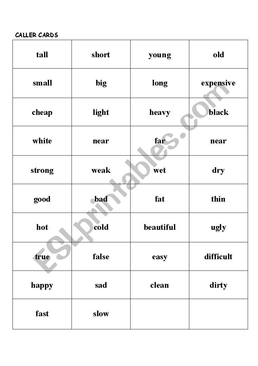 ADJECTIVES BINGO GAME worksheet