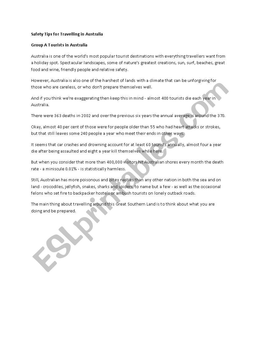Jigsaw Reading- Safety tips for traveling in Australia