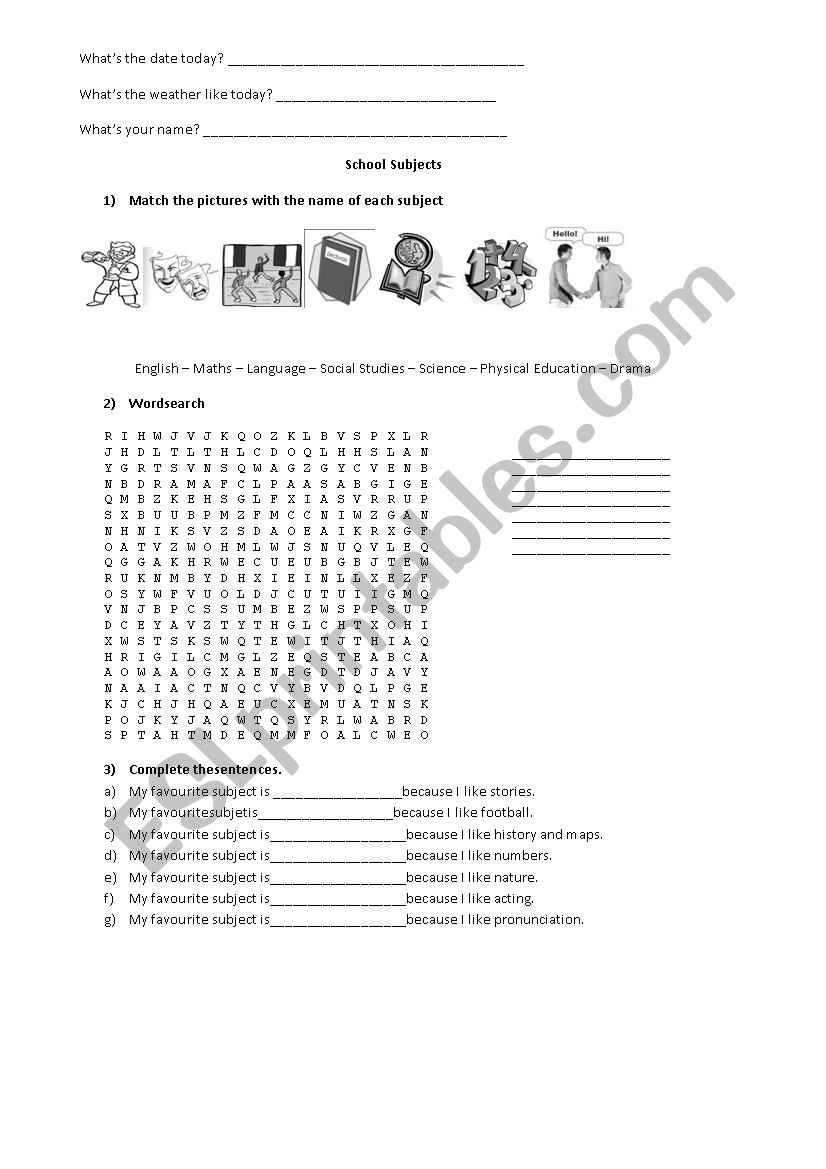 School Subjects worksheet