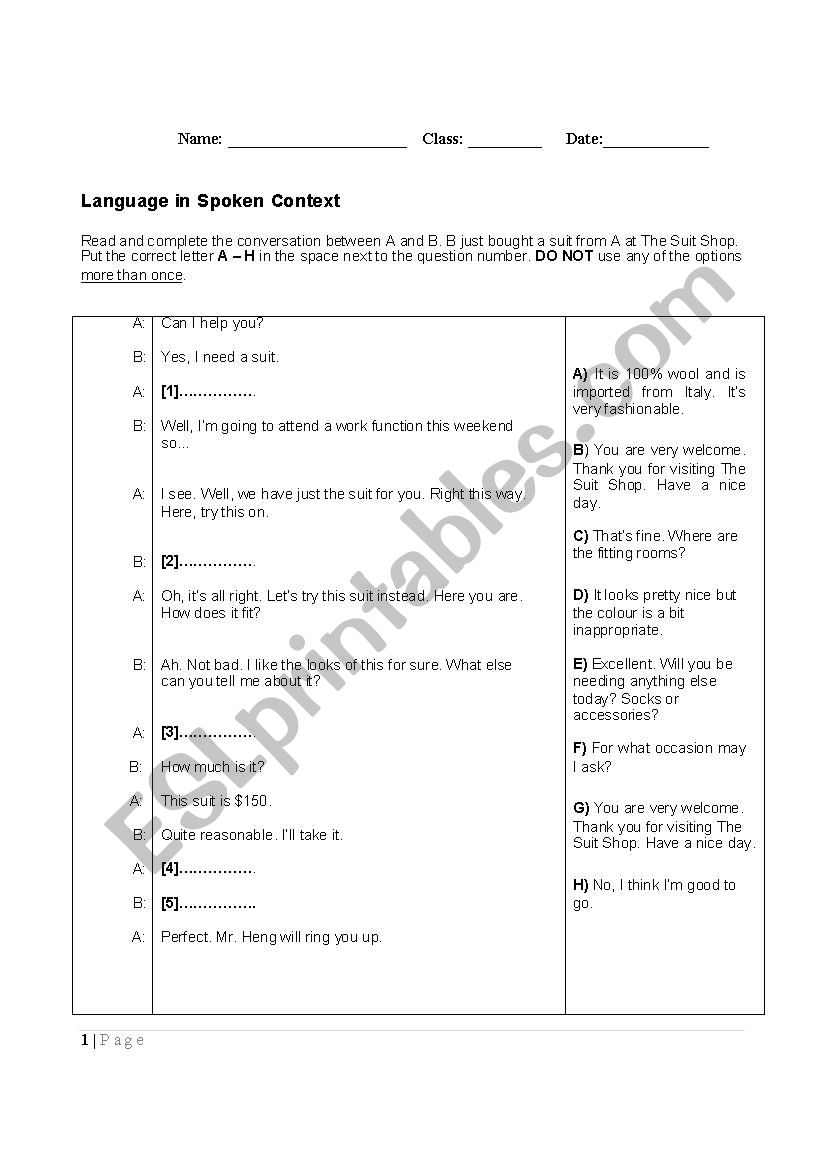 Retail English: Buying a Suit worksheet