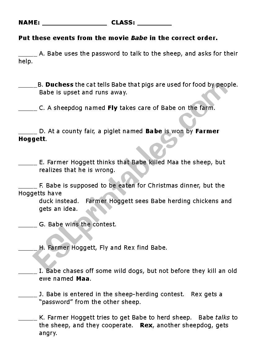 Babe - sequence of events worksheet