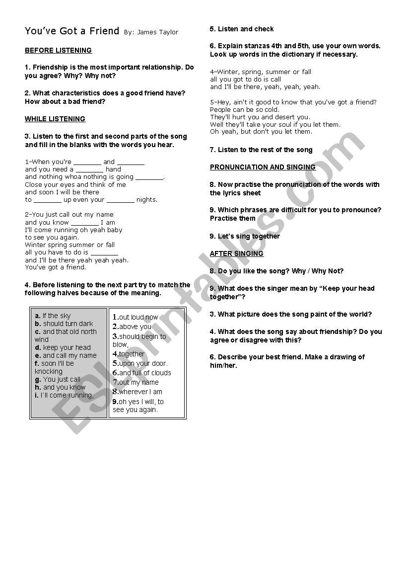 You Ve Got A Friend By James Taylor Esl Worksheet By Jaysonwatchorn